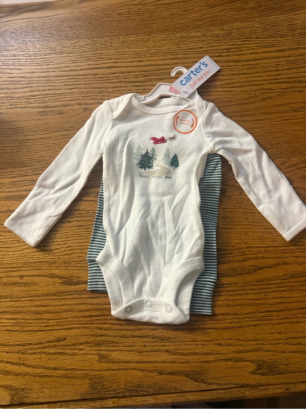 Carter's J.O.Y White Santa Bodysuit with green/white striped pants with reindeer